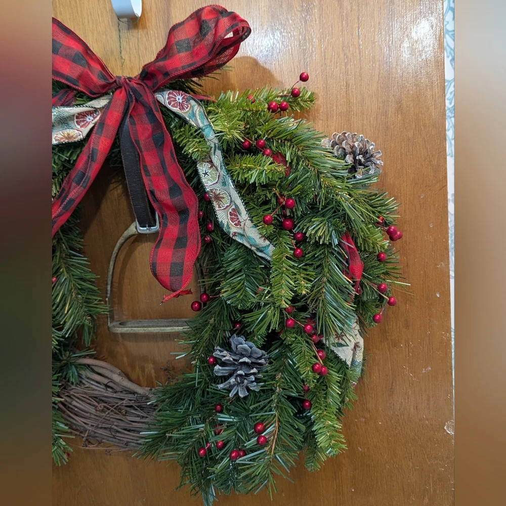 Rustic Equestrian Stirrup Holiday Wreath with Red Plaid Bow